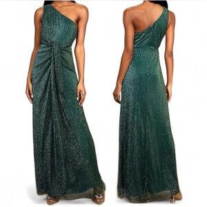 NWT LULUS Glamorous Glitz Shiny Teal Green One-Shoulder Maxi Dress {Small}